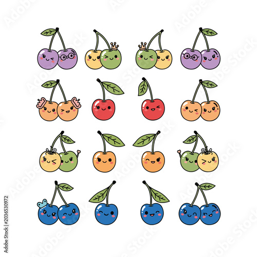 Colorful cartoon cherries with smiling faces.