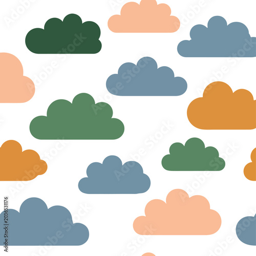 Colorful cartoon clouds in various shapes.