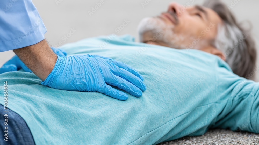 Obraz premium Emergency responder performing chest compressions on pavement