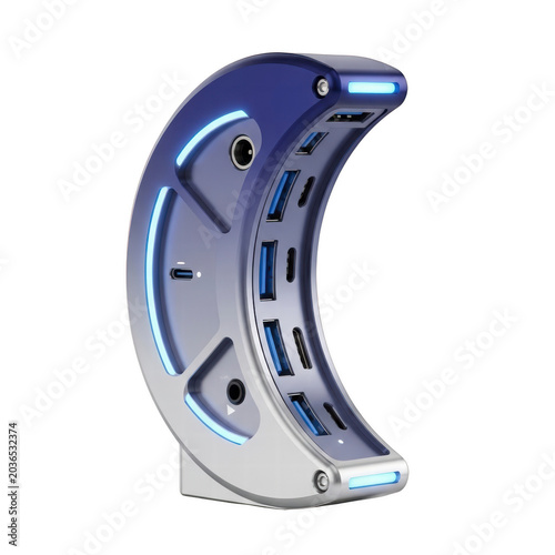 Futuristic crescent USB hub with blue LED lights