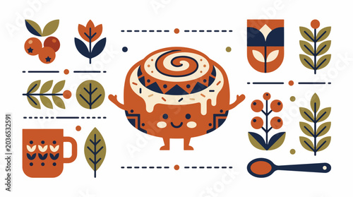 Cinnamon roll character with leaves and coffee.