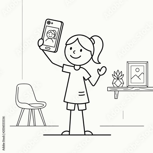 Valokuva A cartoon girl taking a selfie indoors with a smartphone.