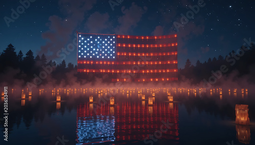 An American flag with its iconic red and white stripes and stars flies proudly at night against a brightly lit Washington DC city skyscraper