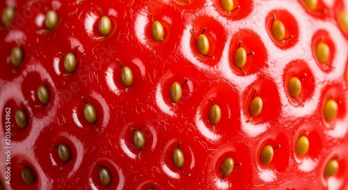 Extreme close-up of a fresh, ripe red strawberry surface with visible achenes and intricate texture