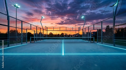 Futuristic paddle tennis court with blue neon light lines at dramatic sunset outdoor field.