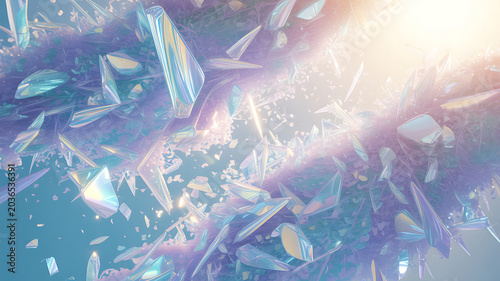 A vibrant and dynamic scene of numerous crystals scattered across a radiant background with a bright light source shining through them creating a mesmerizing display of color and light refraction