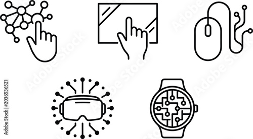 Advanced digital technology and smart user interface line art vector icon set featuring virtual reality headset and smartwatch