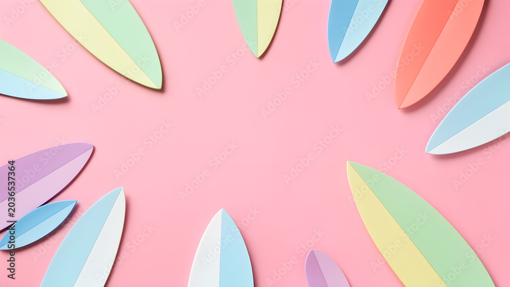 Fototapeta premium Pastel surfboard cutout pattern on pink summer backdrop