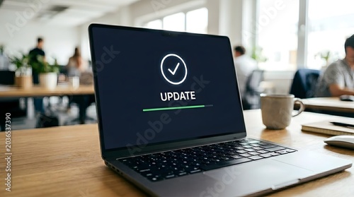 Laptop screen showing software update progress with checkmark icon in modern bright office.