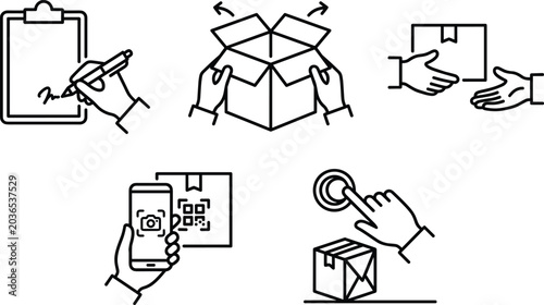 Fotografie Shipping and logistics courier hand gestures line art vector icon set featuring