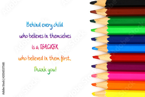Appreciation card for a teacher. Colored pencils in a row isolated on a white background with text.