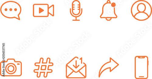 Adobe Illustrator Social media and digital communication line icon set with orange color isolated on white background