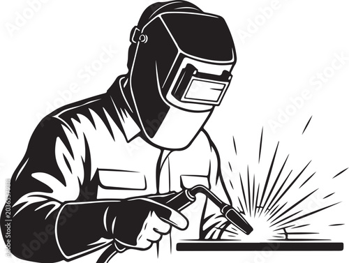 Black and white of a welder wearing protective gear welding