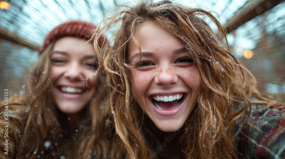 Fototapeta premium Two girls with curly hair laugh joyfully amid falling snow, encapsulating the pure essence of childhood happiness and the beauty of winter moments spent together.