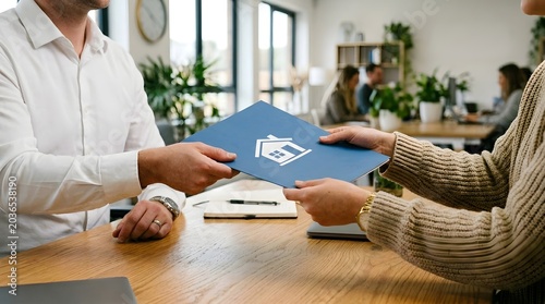 Real estate agent handing over house document folder to client in bright modern office space.