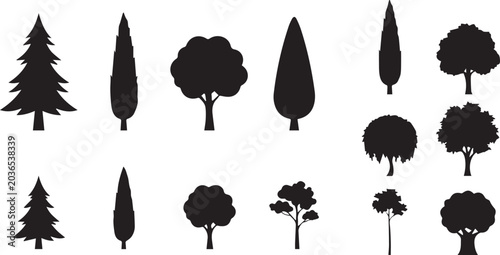 Fotografie Black Tree Silhouette Collection Featuring Pine Cypress and Deciduous Trees Isol