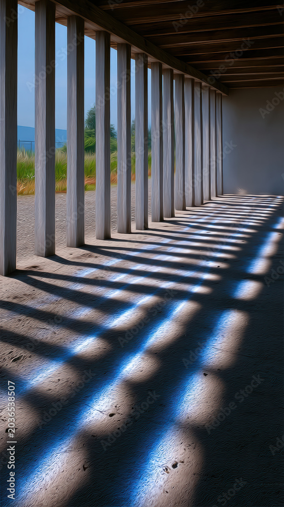 Naklejka premium Sunlight beams cast dramatic shadows through vertical columns onto concrete floor, creating serene geometric pattern in open modern space