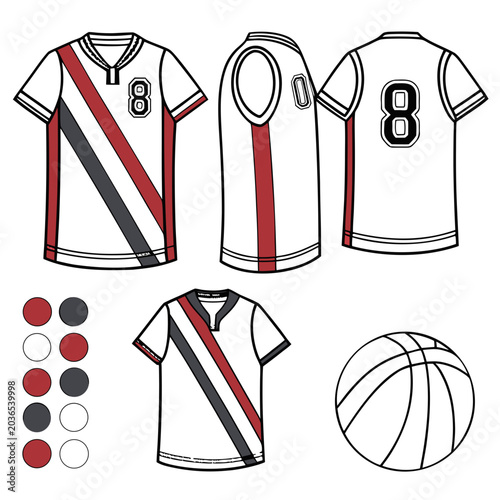 Sports polo shirt template with diagonal sash design and contrast side panels including basketball icon and color palette for custom team apparel sets