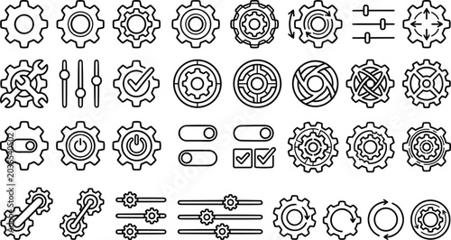 Bild auf Leinwand Settings and configuration preferences line art vector icon set featuring variet
