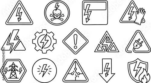 Foto Electrical safety and high voltage warning line art vector icon set featuring li