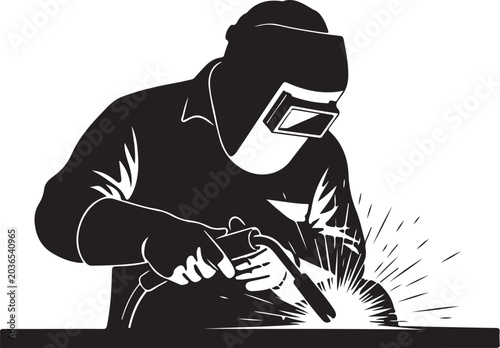 Black silhouette of a welder working with sparks welding