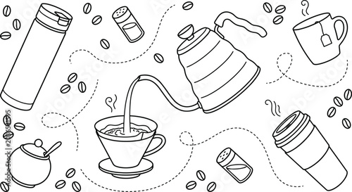 Tableau sur toile Coffee brewing and pour over line art vector doodle concept featuring gooseneck