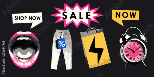 Open mouth illustration with sale text and shopping elements vector graphic