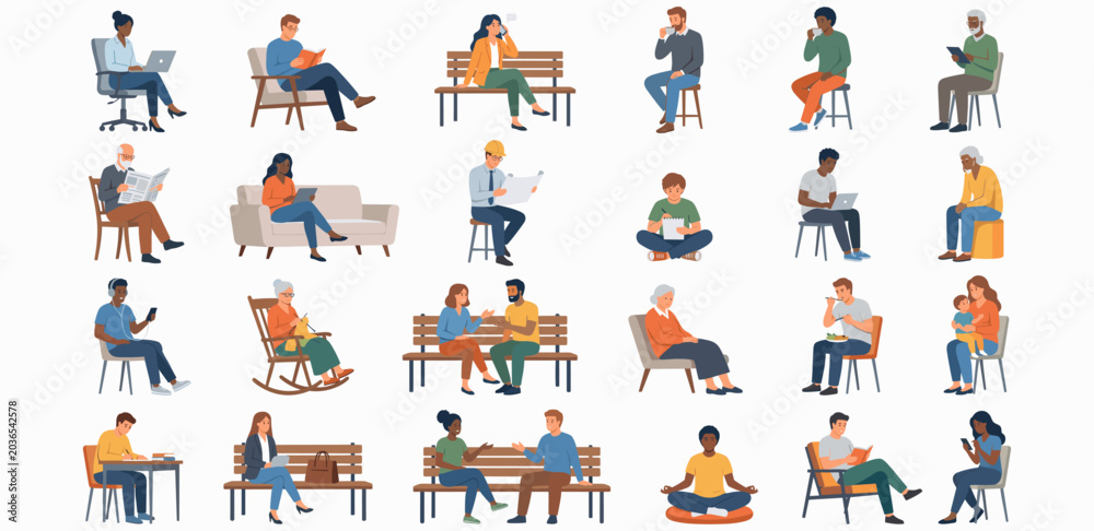 Fototapeta premium Vector Entourage Illustration Collection of People Sitting — Architectural Scale Figures for Interior and Exterior Renderings