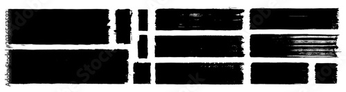 Vector straight wide brush stroke set. Black paint tags, ink boxes, bold grunge strokes. Calligraphy brushwork sketchy rectangles, stamp texture handdrawn backgrounds, banners, marker label and tag bg