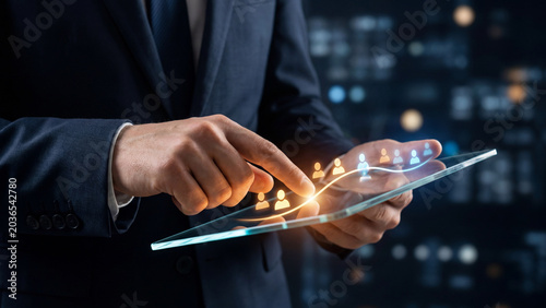 Businessman interacting with digital human resources and talent acquisition tools on a futuristic virtual screen. HR tech