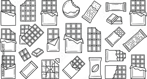 Foto Sweet chocolate blocks and open wrapper line art vector icon set featuring cocoa