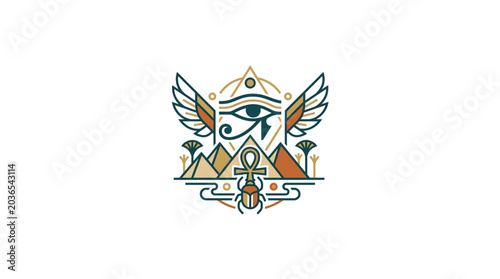 Ancient Egyptian Symbol with Eye of Horus and Pyramids.