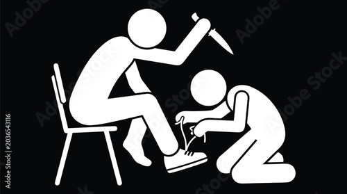 Photos A stick figure sitting on a chair with a knife behind his back while another stick figure ties his shoes illustrating betrayal and danger