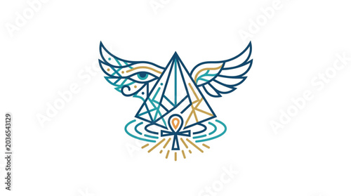 Fotografie Ancient Egyptian Symbol of Eye of Horus Pyramid Ankh and Wings.