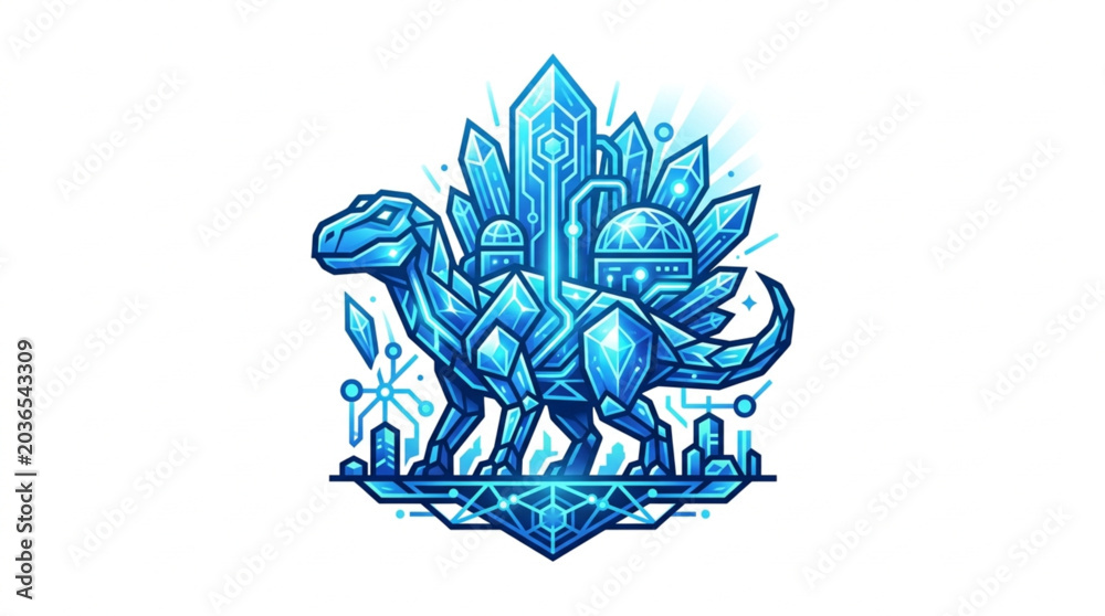 Obraz premium Blue Crystal Dinosaur Illustration with Geometric Shapes.