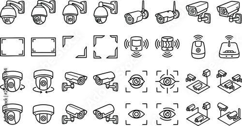 Security camera CCTV surveillance line art vector icon set featuring dome bullet cameras motion sensors and iris scanning