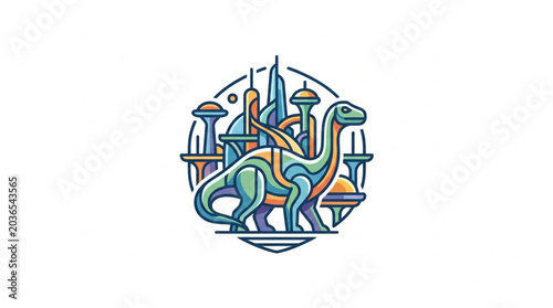Fotografía Cartoon Brontosaurus Dinosaur in Futuristic Cityscape.