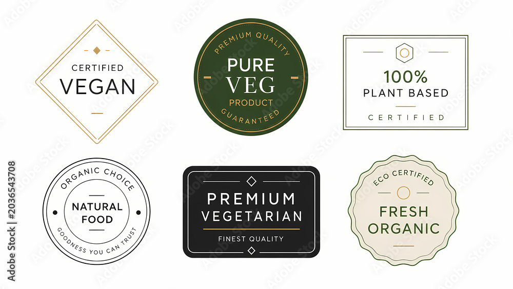 Obraz premium Premium Vegan Certification Badge Collection, Modern Organic Food Packaging Labels, Minimal Commercial Vector Sticker Set
