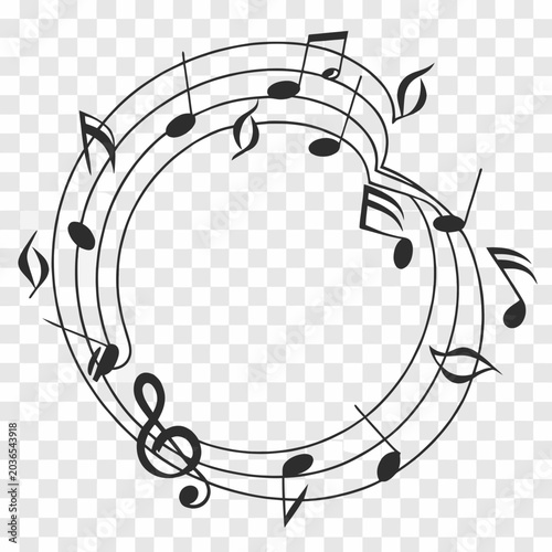 Foto Musical notes and symbols like treble clef bass clef adorn circular staff lines