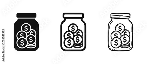 Quadro em tela Money Jar with Dollar Coins Icons Set in Three Graphic Styles