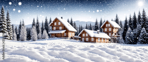 snowy cabins in dense winte...