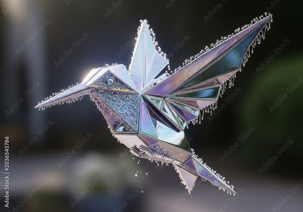 Fototapeta premium Iridescent Metallic Hummingbird in Low Poly Geometric Style with Crystal Details and Holographic Reflections