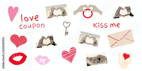 Canvas Print Collection Of Heart Shapes Lips And Hands In A Vector Illustration