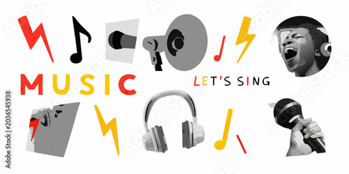Photos Music Themed Vector Collage With Musical Notes And Vocalist