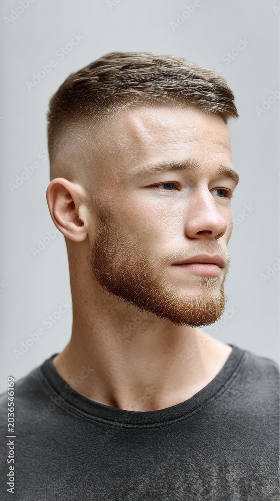 Fototapeta premium Young man with short summer haircut, stylish beard, casual black shirt, confident expression, modern hairstyle, light background