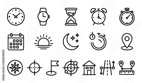 Foto Minimalist black line art vector icon set of time, location and goal concepts, c