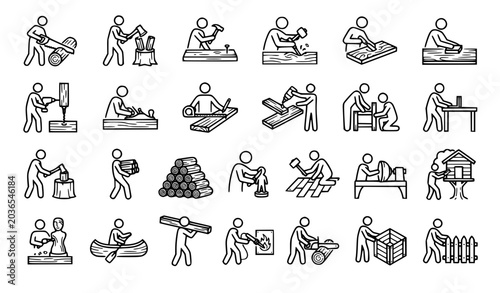 Fotografía Minimalist black line art vector icon set of carpentry and woodworking activitie