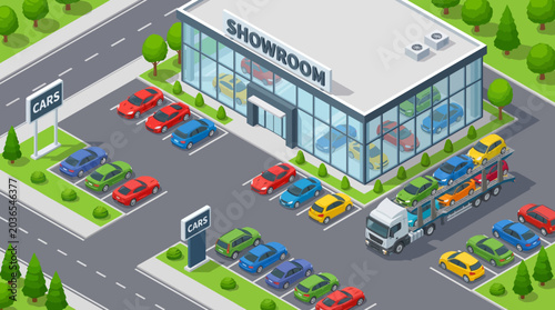 Isometric view of a car dealership showroom with various colored vehicles parked outside