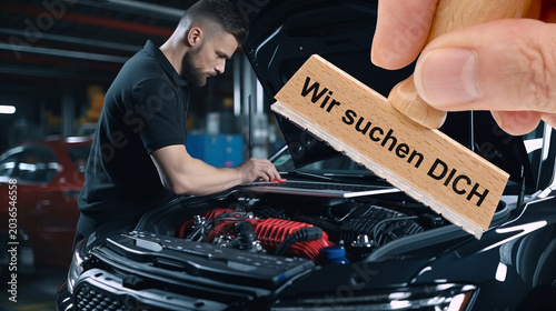 Ein Holzstempel ist beschriftet mit dem Aufdruck: Wir suchen DICH über dem Bild eines Automechanikers in einer Autowerkstatt - FOTOMONTAGE