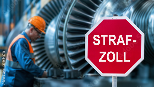 Vor dem fiktiven und digitalen Bild eines Maschinenbaus steht ein Stopschild mit der Aufschrift Strafzoll als Symbolbild für den Handelskrieg der USA - FOTOMONTAGE - digital bearbeitet